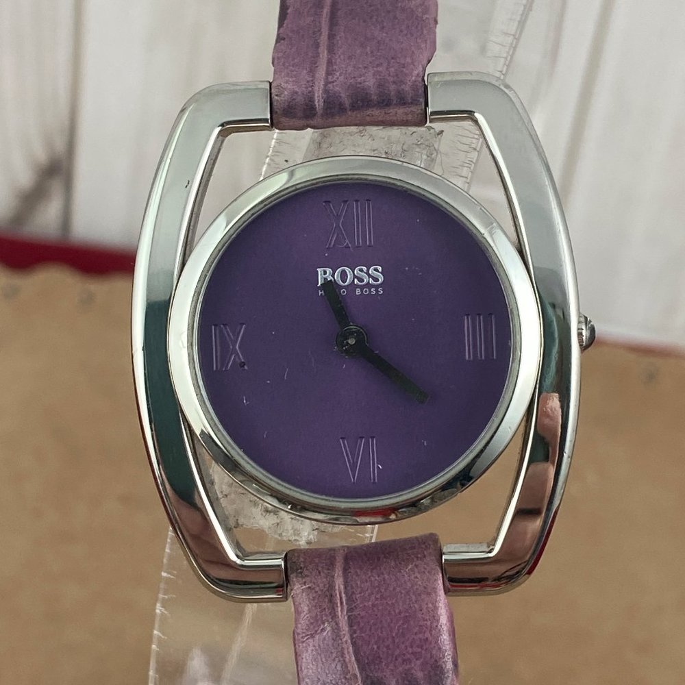 Vintage Hugo Boss Watch Sculptured Modern Styling Purple Dial and 8 inch Strap